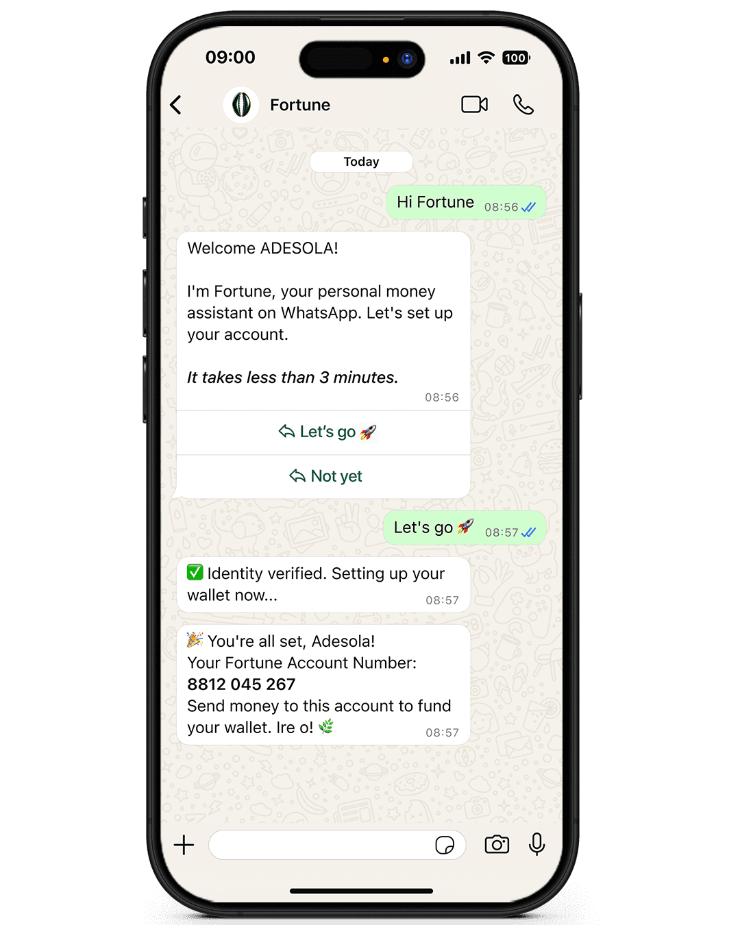 Fortune onboarding conversation in WhatsApp